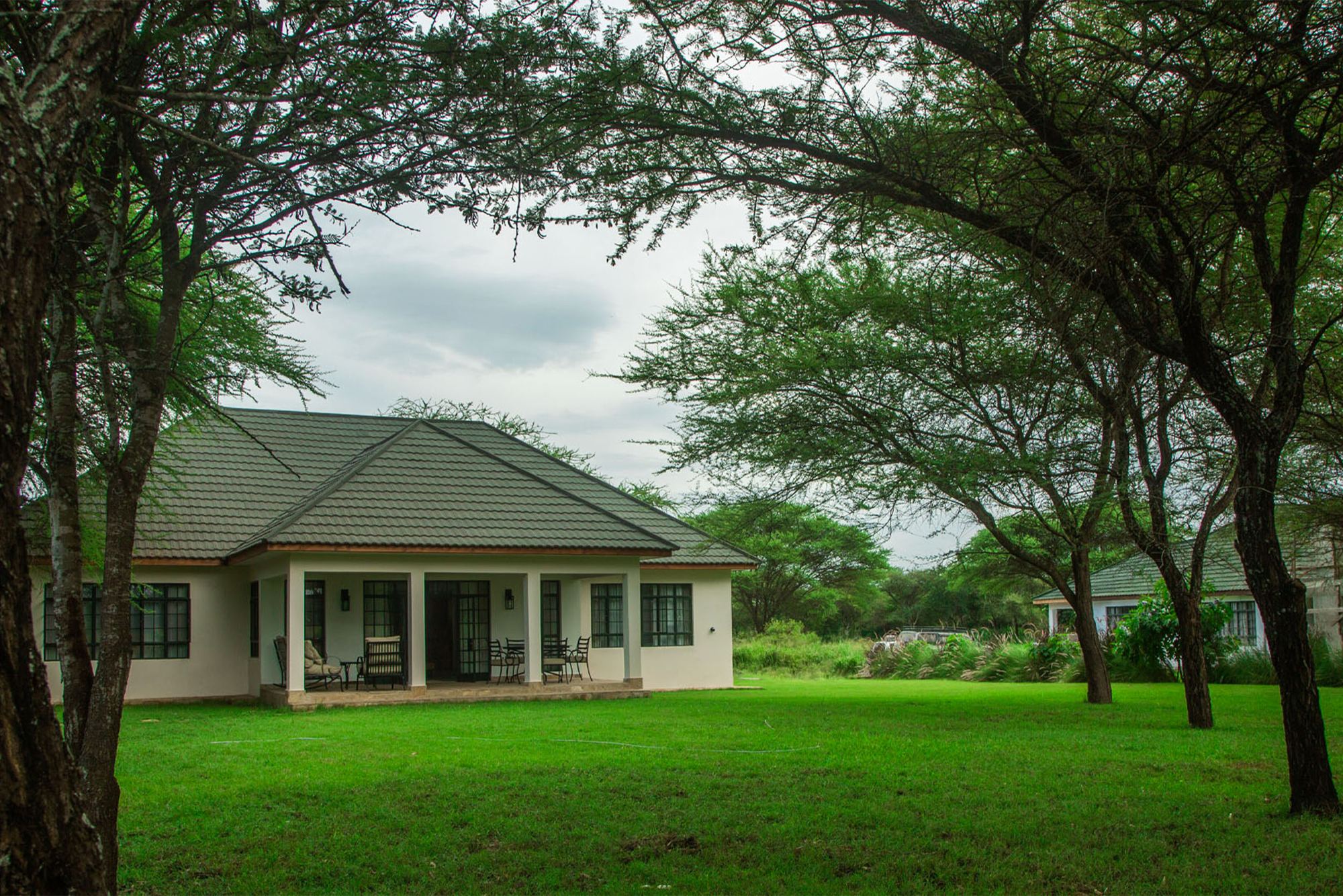 Front of the cottage between acacia trees