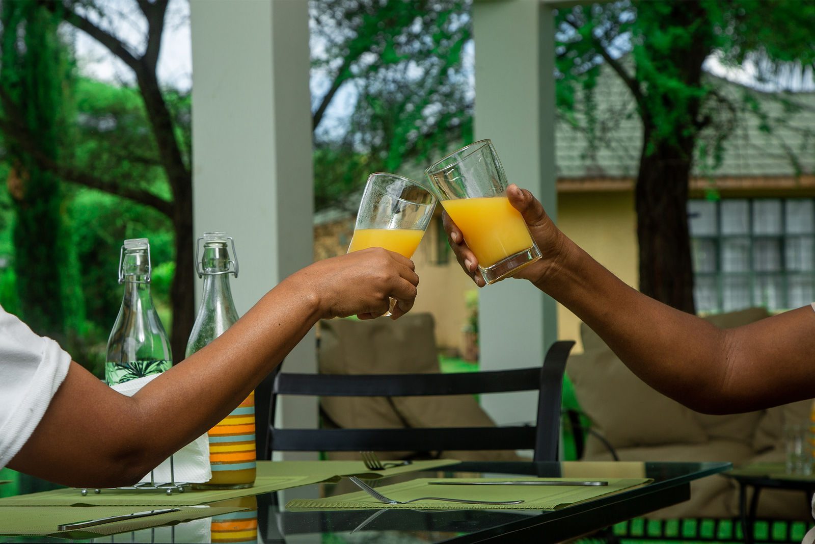 Guests raising glasses of juice at the veranda table